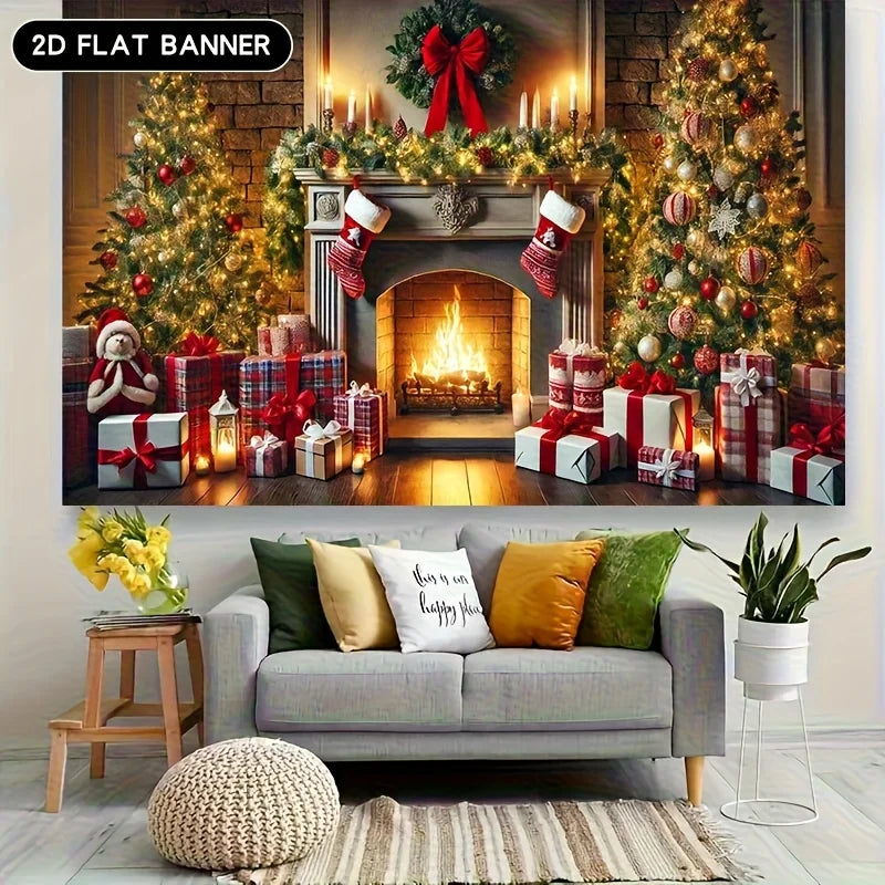 1 piece, Christmas photography background cloth - vintage fireplace and decorative tree view with gift - no electricity required