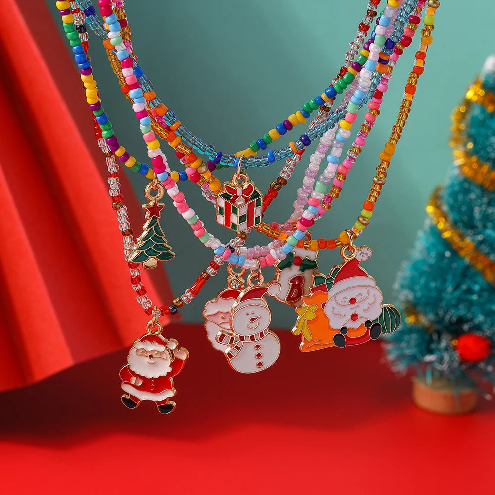 7pcs/Set Christmas Necklaces for Women Girls X'mas Tree Santa Claus Snowman Beads Necklace Pendant New Year Jewelry Gift