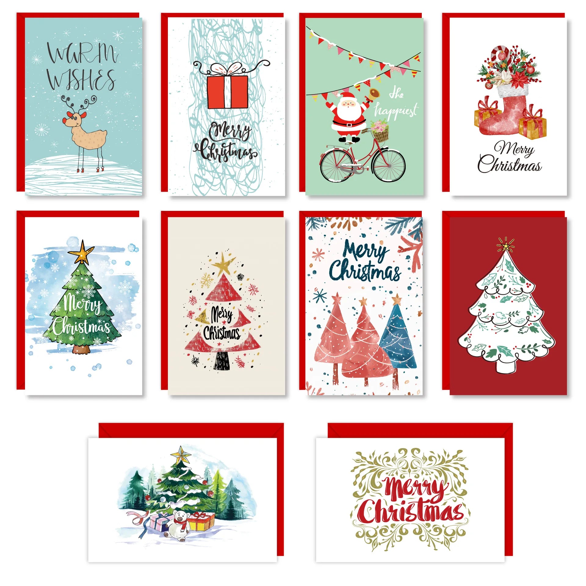 A set of (10 cards + 10 envelopes + 1 sticker) Christmas cards folded holiday diy handwritten wishes greeting cards