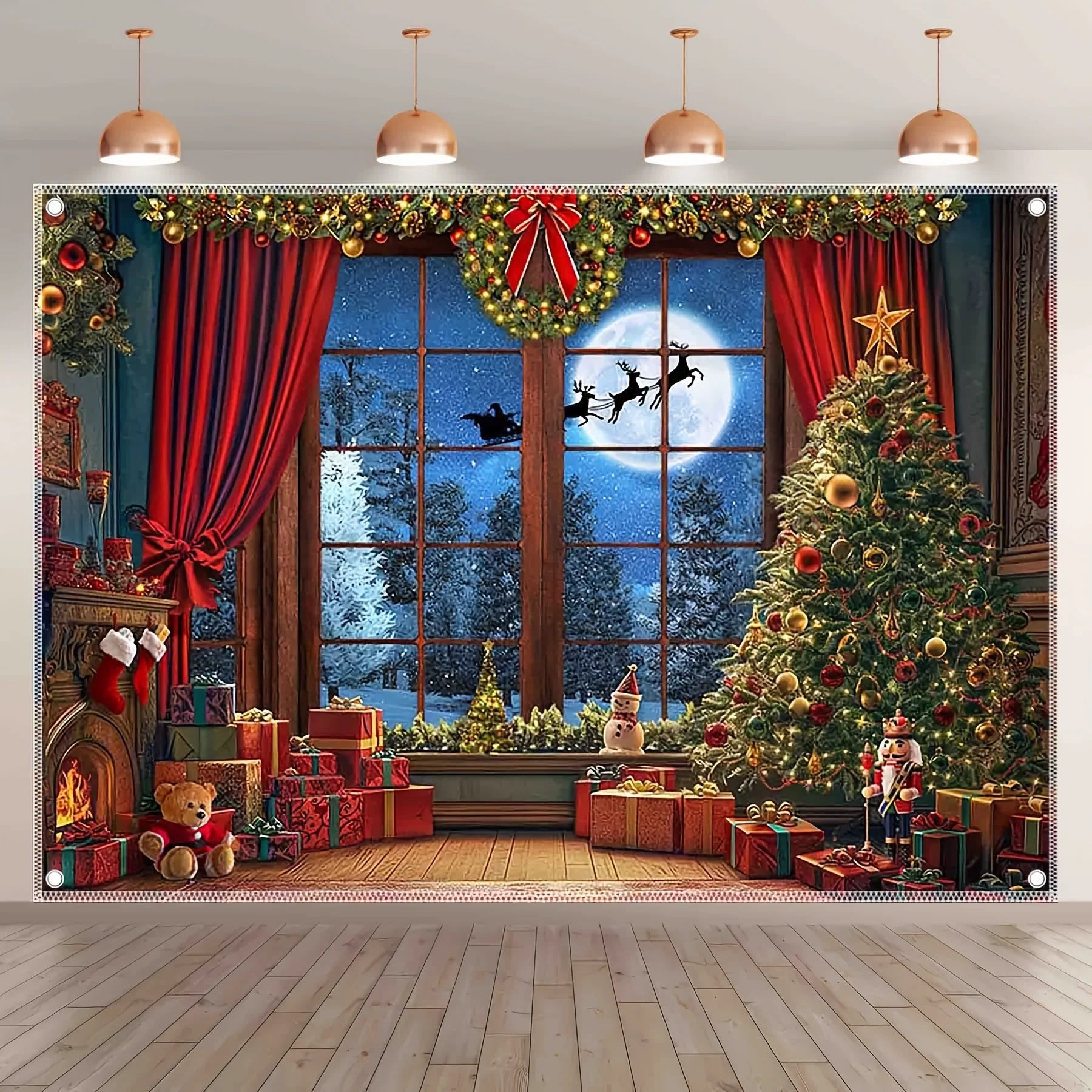 Christmas photography background with moon, deer, tree, red curtains, snowman, starry sky forest, holiday wall hanging flag