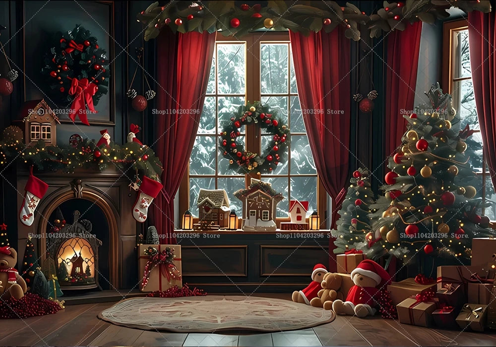 Christmas Photography Backdrop Xmas Tree Fireplace Gift Winter Window Family Kids Party Christmas Decoration Photo Background