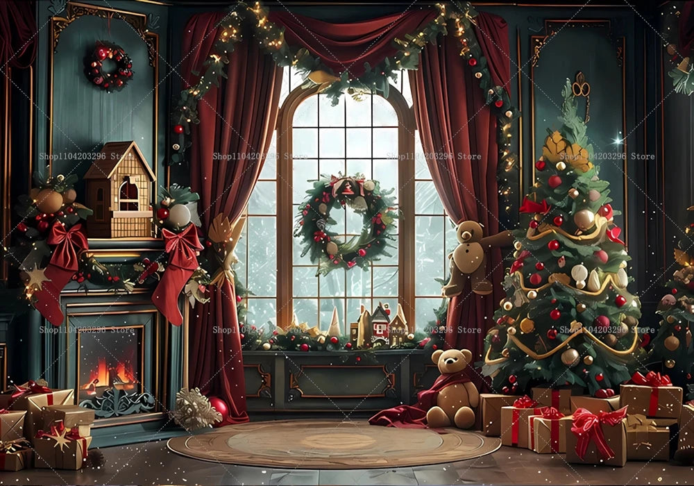 Christmas Photography Backdrop Xmas Tree Fireplace Gift Winter Window Family Kids Party Christmas Decoration Photo Background