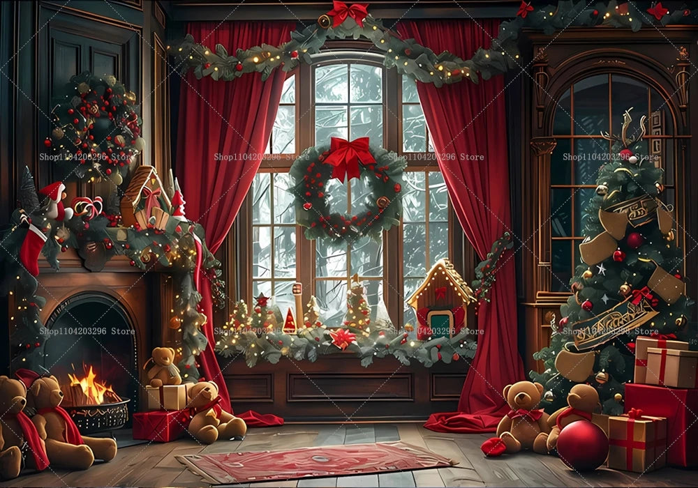 Christmas Photography Backdrop Xmas Tree Fireplace Gift Winter Window Family Kids Party Christmas Decoration Photo Background