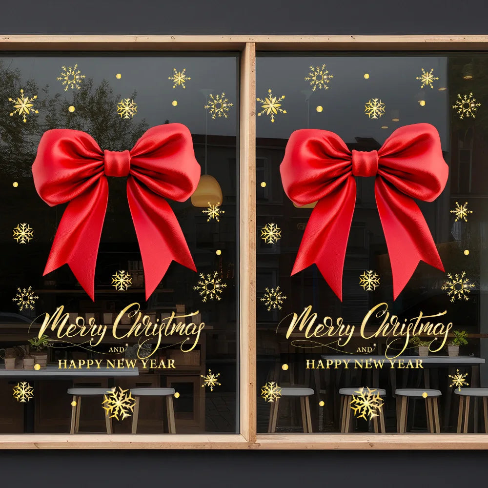 Christmas Big Red Bow Window Clings | Storefront Glass Decoration | Holiday Decals Balcony Window Decor | Festive Scene Stickers