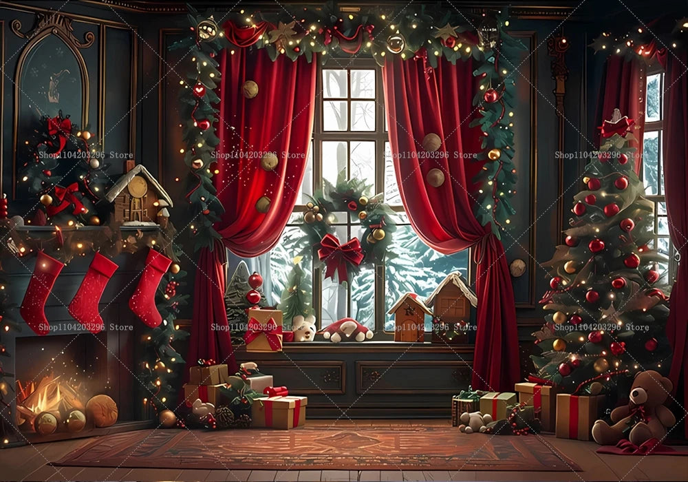Christmas Photography Backdrop Xmas Tree Fireplace Gift Winter Window Family Kids Party Christmas Decoration Photo Background