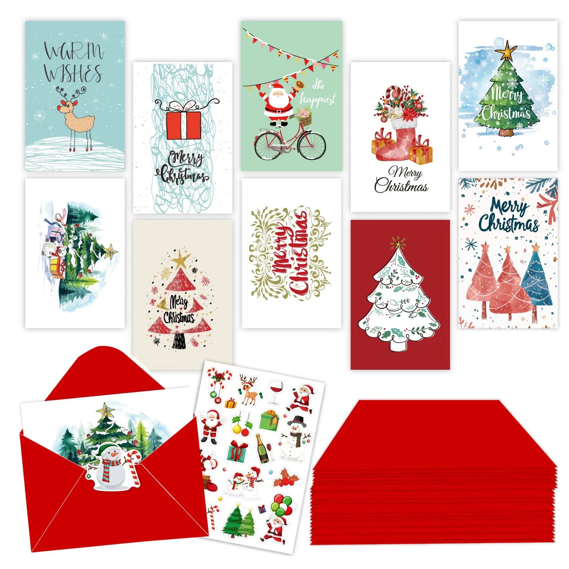 A set of (10 cards + 10 envelopes + 1 sticker) Christmas cards folded holiday diy handwritten wishes greeting cards