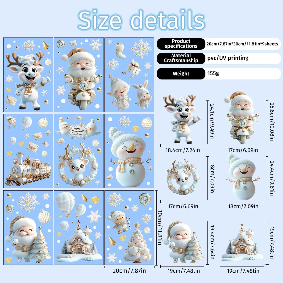 9 Sheets Christmas Window Clings - Removable Static Stickers with Santa, Snowman, Reindeer, Christmas Tree - No Residue
