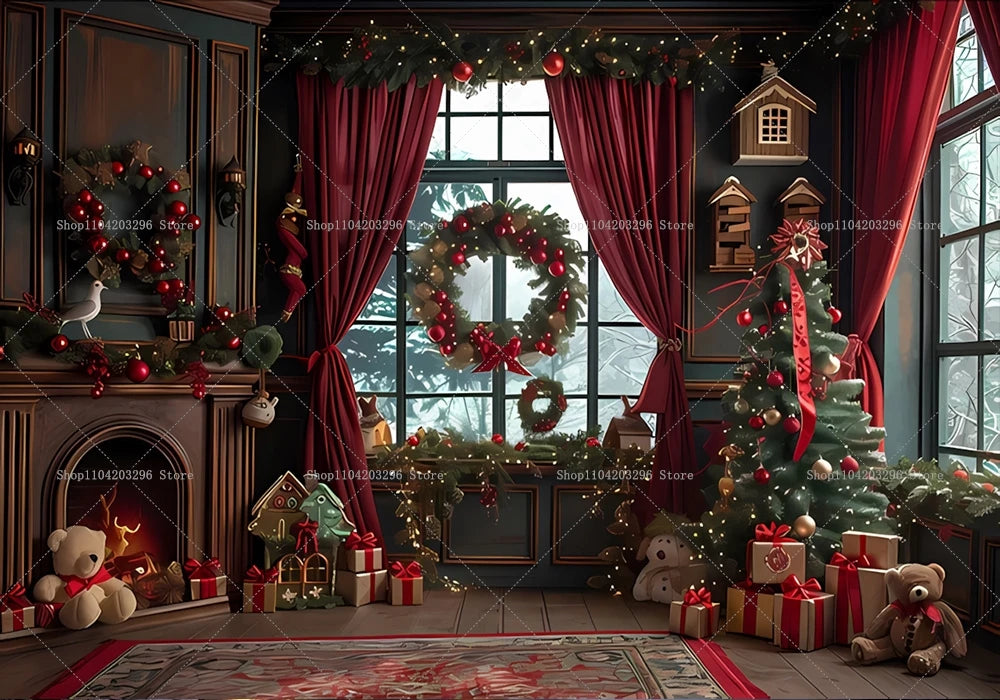 Christmas Photography Backdrop Xmas Tree Fireplace Gift Winter Window Family Kids Party Christmas Decoration Photo Background