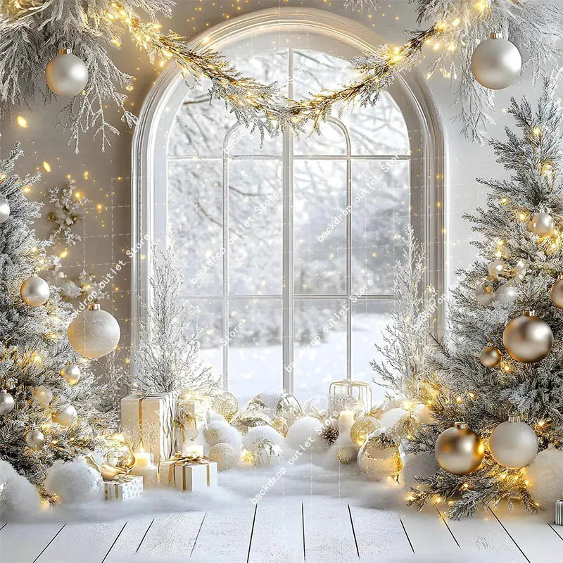 Christmas Celebration Photography Background Winter Window Glitter Xmas Tree Kids Family Portrait Decor Backdrop Photo Studio