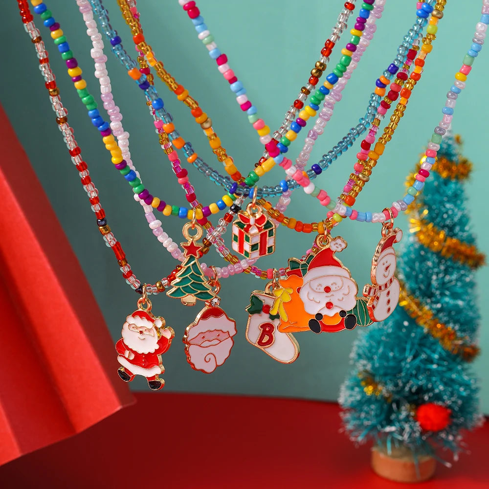 7pcs/Set Christmas Necklaces for Women Girls X'mas Tree Santa Claus Snowman Beads Necklace Pendant New Year Jewelry Gift