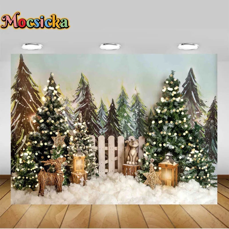 Christmas Photography Backgrounds Xmas Trees Snowy Pine Trees Luminous Strip Fence Backdrops Children Portraits Photos Studio