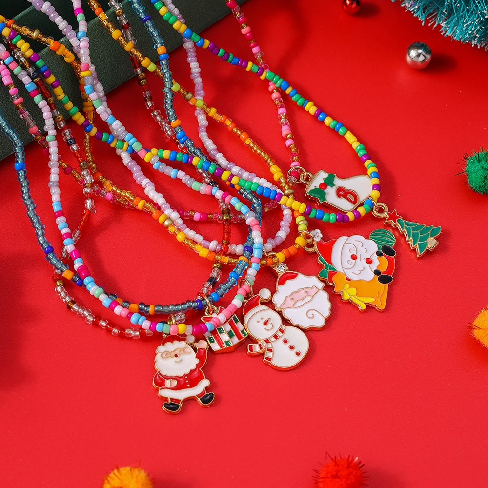 7pcs/Set Christmas Necklaces for Women Girls X'mas Tree Santa Claus Snowman Beads Necklace Pendant New Year Jewelry Gift
