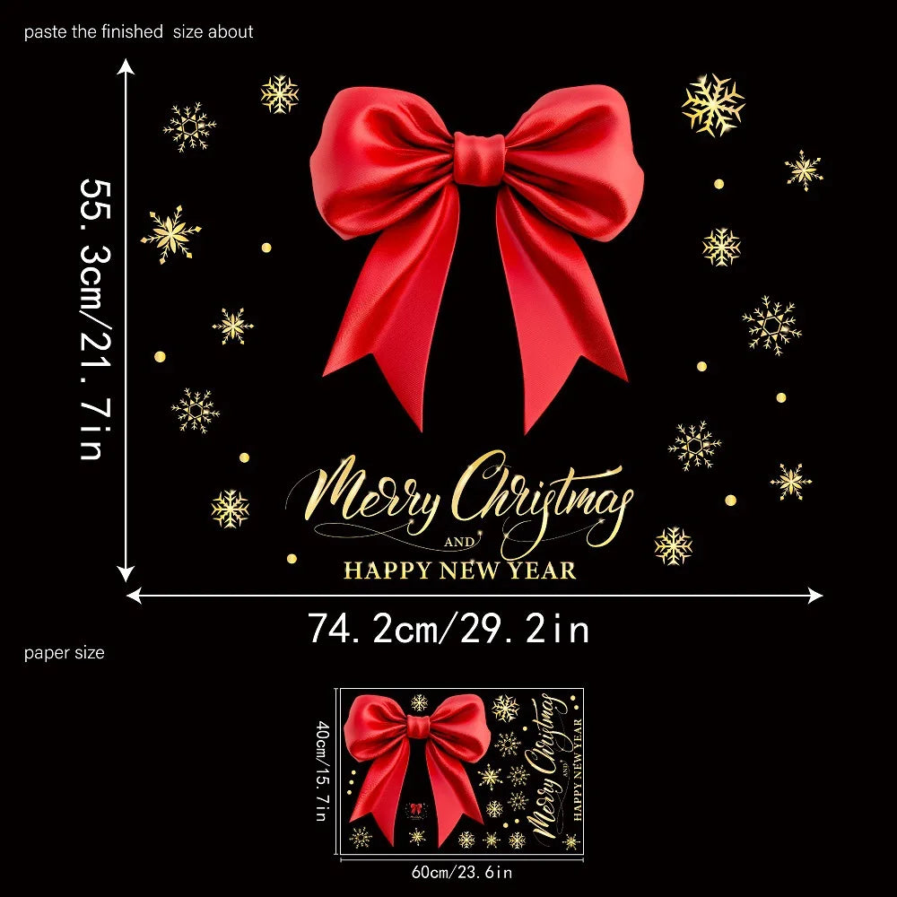 Christmas Big Red Bow Window Clings | Storefront Glass Decoration | Holiday Decals Balcony Window Decor | Festive Scene Stickers