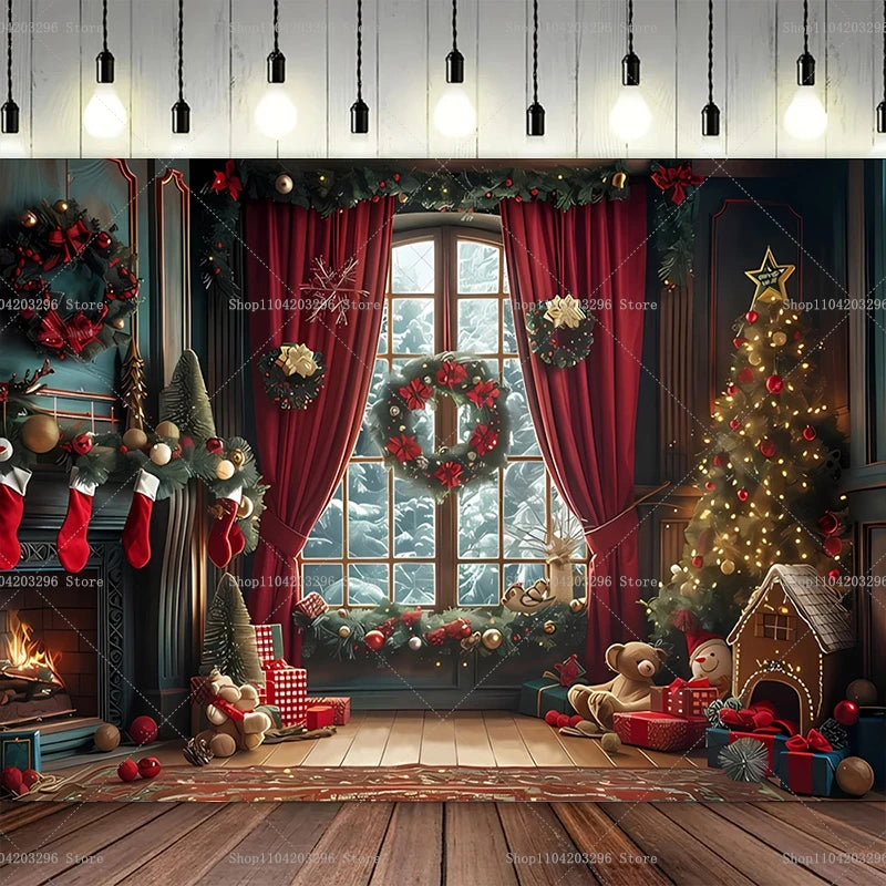 Christmas Photography Backdrop Xmas Tree Fireplace Gift Winter Window Family Kids Party Christmas Decoration Photo Background