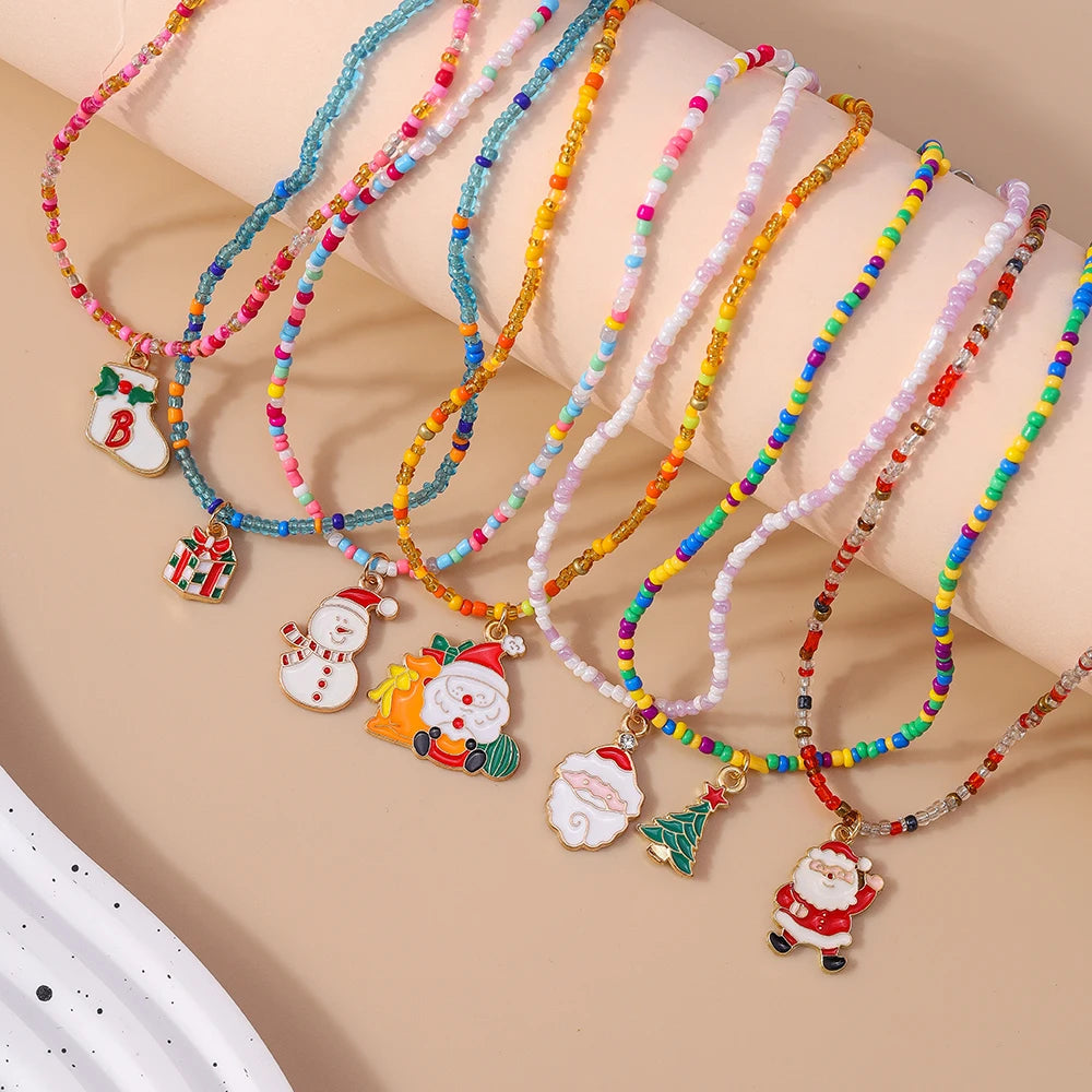 7pcs/Set Christmas Necklaces for Women Girls X'mas Tree Santa Claus Snowman Beads Necklace Pendant New Year Jewelry Gift