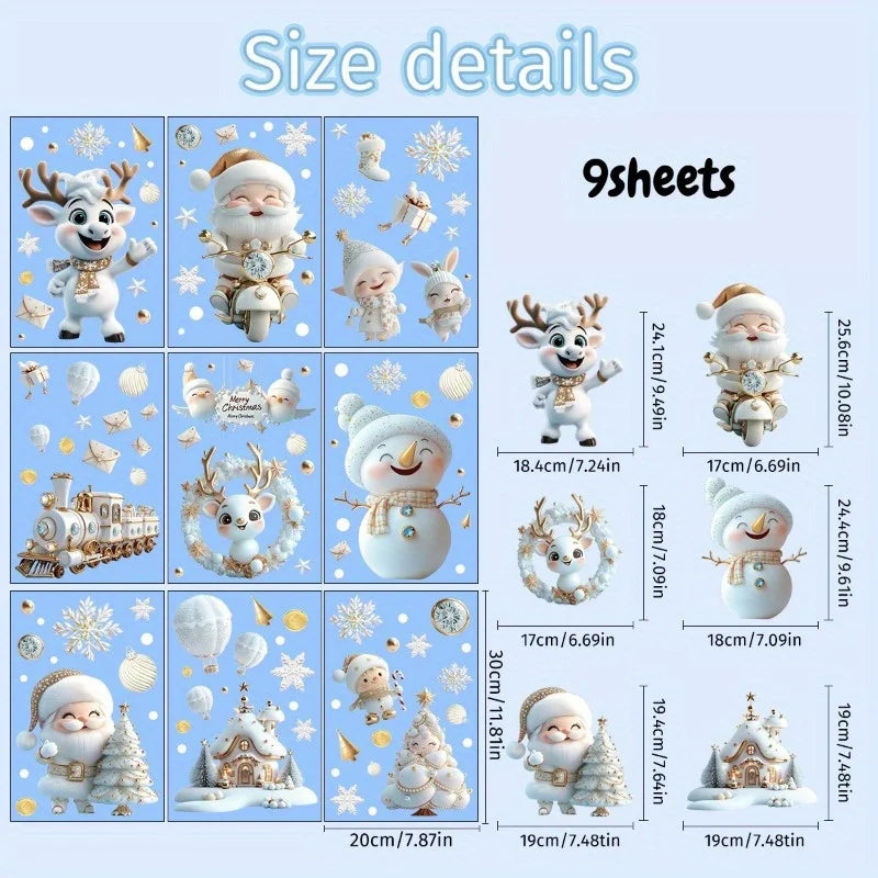 9 Sheets Christmas Window Clings - Removable Static Stickers with Santa, Snowman, Reindeer, Christmas Tree - No Residue