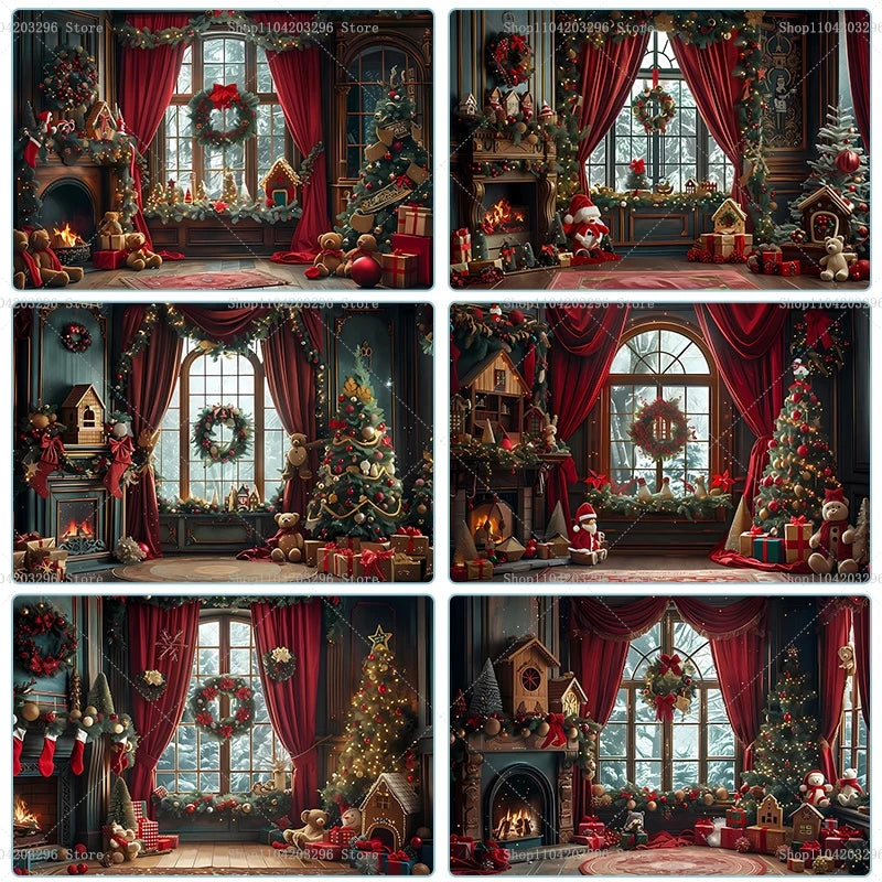 Christmas Photography Backdrop Xmas Tree Fireplace Gift Winter Window Family Kids Party Christmas Decoration Photo Background