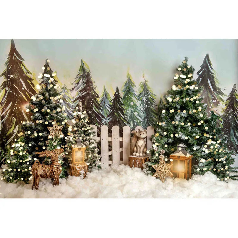 Christmas Photography Backgrounds Xmas Trees Snowy Pine Trees Luminous Strip Fence Backdrops Children Portraits Photos Studio