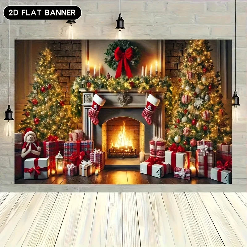 1 piece, Christmas photography background cloth - vintage fireplace and decorative tree view with gift - no electricity required