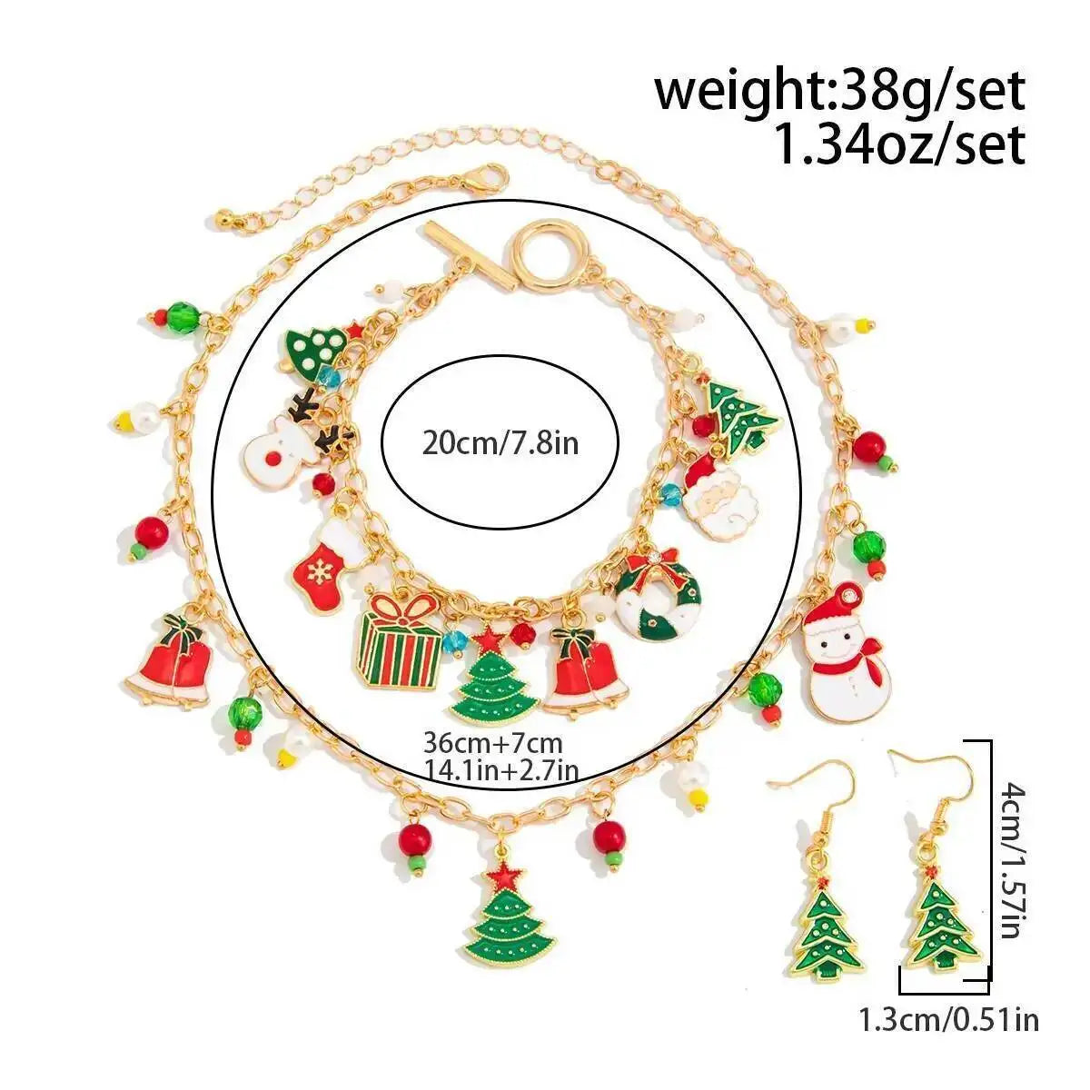 Christmas Tree Santa Snowman Jewelry Set - Trendy Festival Pendant Necklace Bracelet Earring Women's Xmas Gift