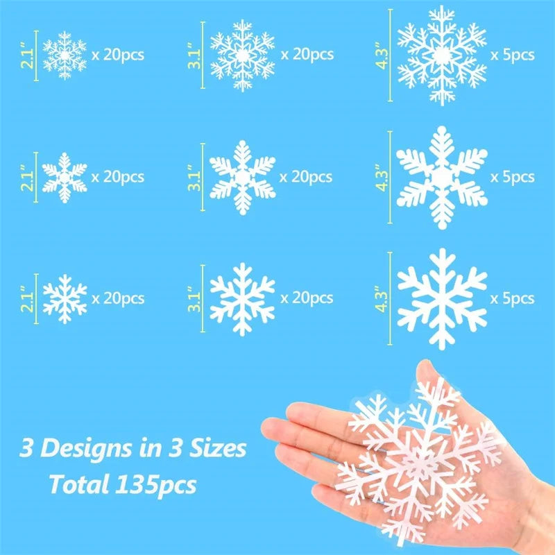 135Pcs Christmas Window Clings Snowflakes Window Decals Static Window Stickers For Xmas Party Supplies Thanksgiving Party Décor