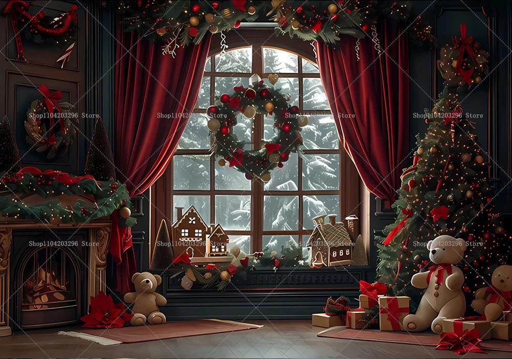 Christmas Photography Backdrop Xmas Tree Fireplace Gift Winter Window Family Kids Party Christmas Decoration Photo Background