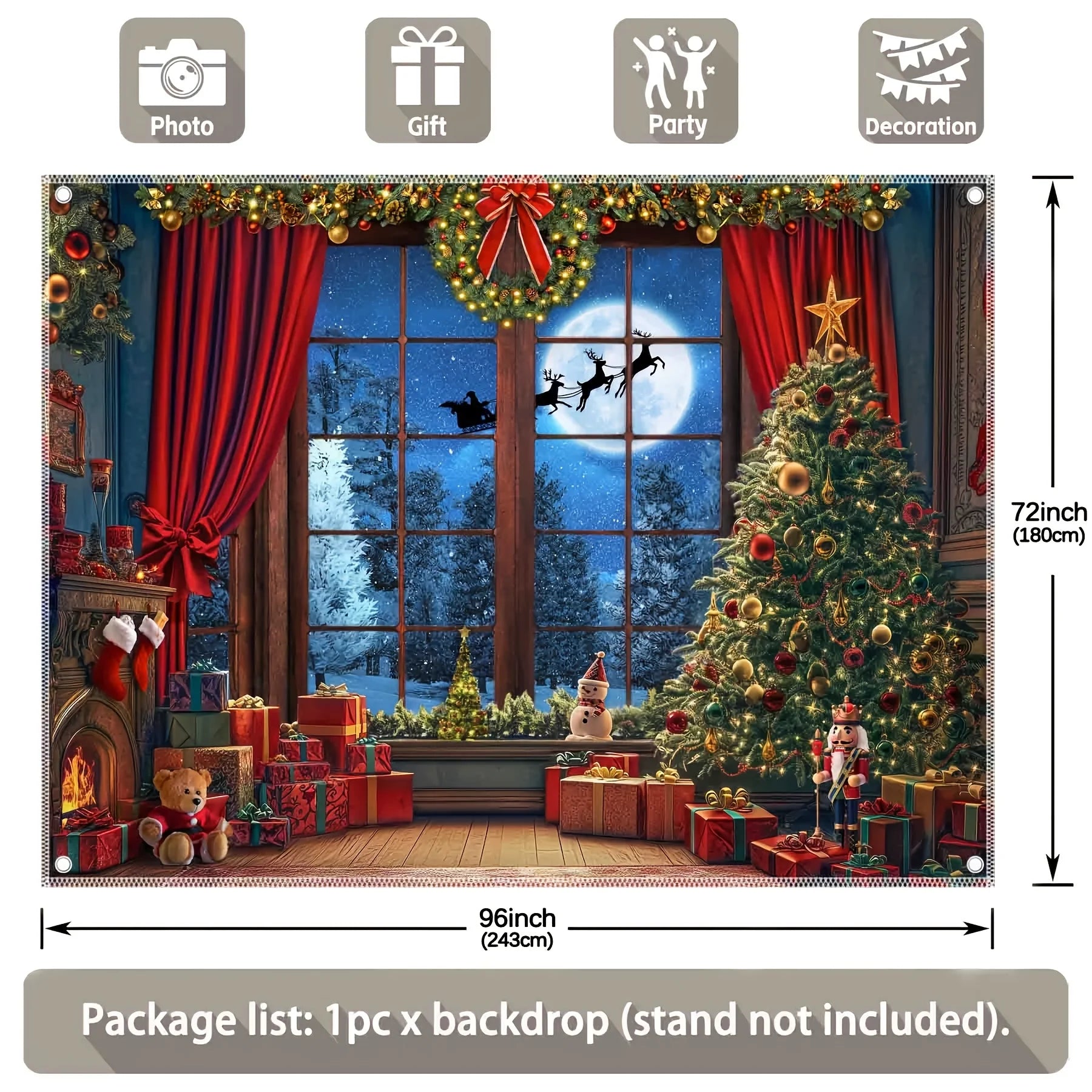 Christmas photography background with moon, deer, tree, red curtains, snowman, starry sky forest, holiday wall hanging flag