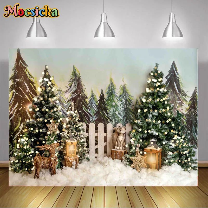 Christmas Photography Backgrounds Xmas Trees Snowy Pine Trees Luminous Strip Fence Backdrops Children Portraits Photos Studio